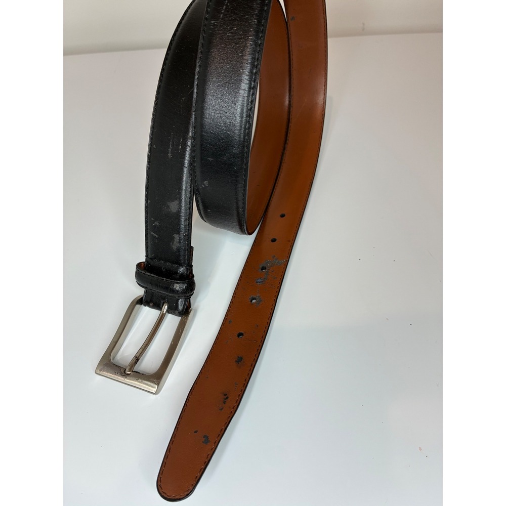 Mens Black Genuine Leather Dress Belt Silver Tone Buckle Size 42 105